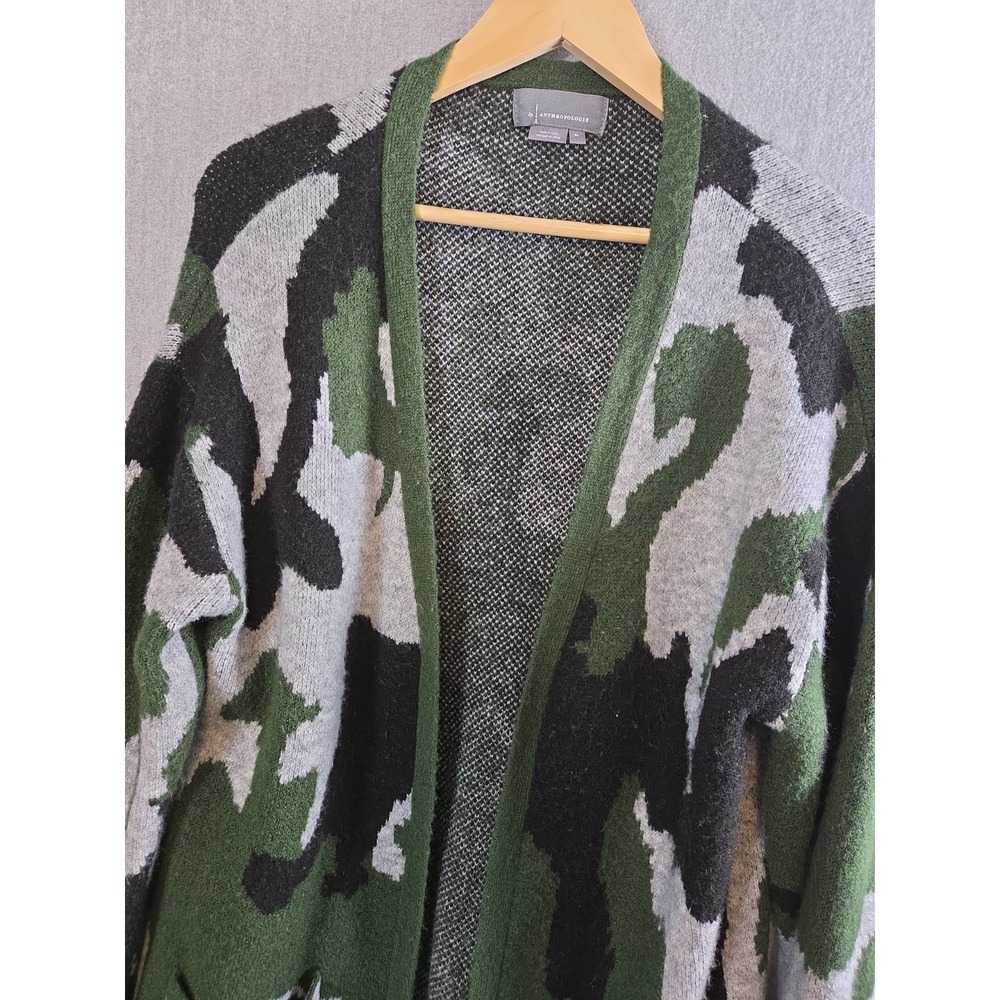 Anthropologie XL Green Gray Camo Sweater Open Front Boho Grunge Preppy Long Y2K